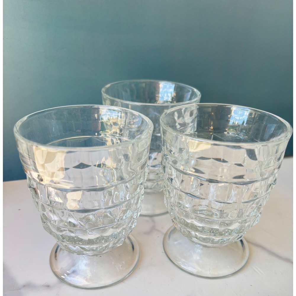 Vintage Indiana Glass American Whitehall Cubist Footed Juice Glasses Clear 3 Pc